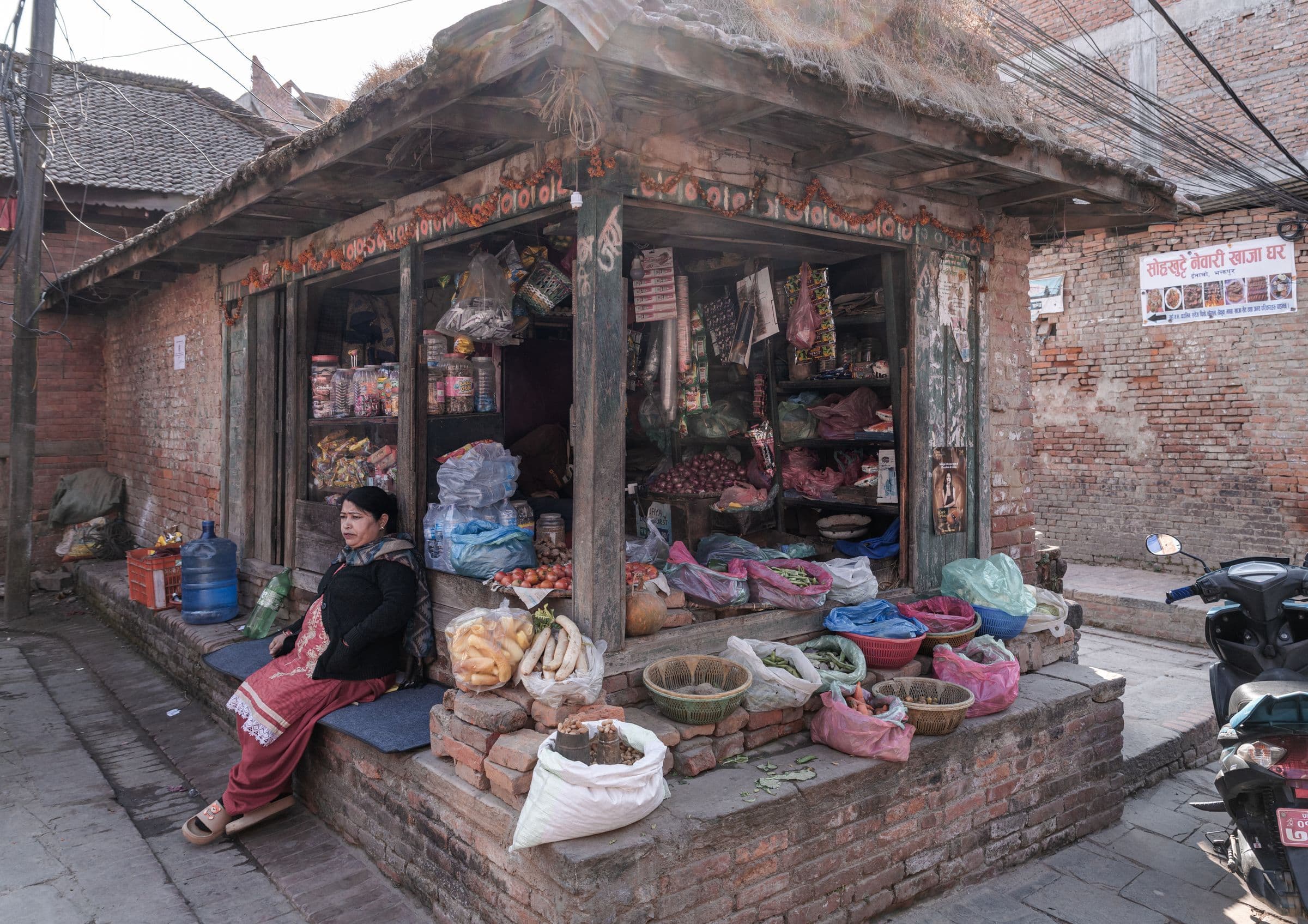 A small roadside shop selling local produce in Bhaktapur, Nepal.