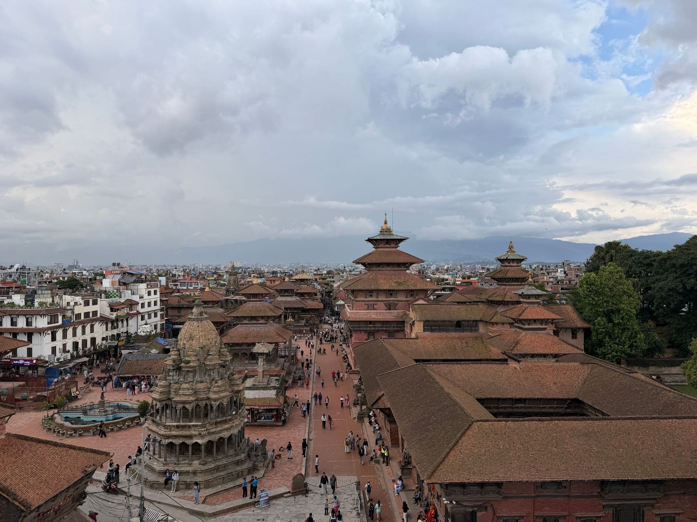 A breathtaking aerial shot of Patan Durbar Square showcasing historic temples and architecture in Kathmandu, Nepal.