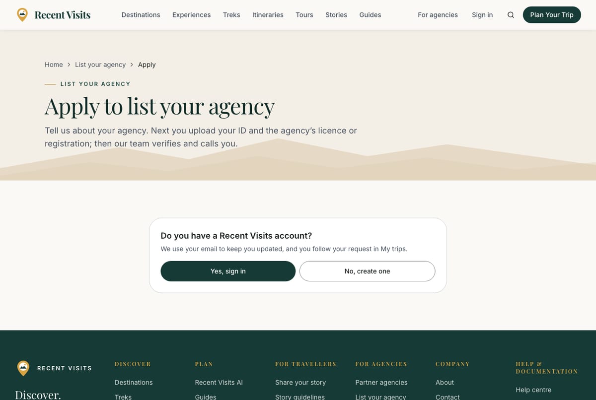 The page for applying to list an agency on Recent Visits, shown before signing in.