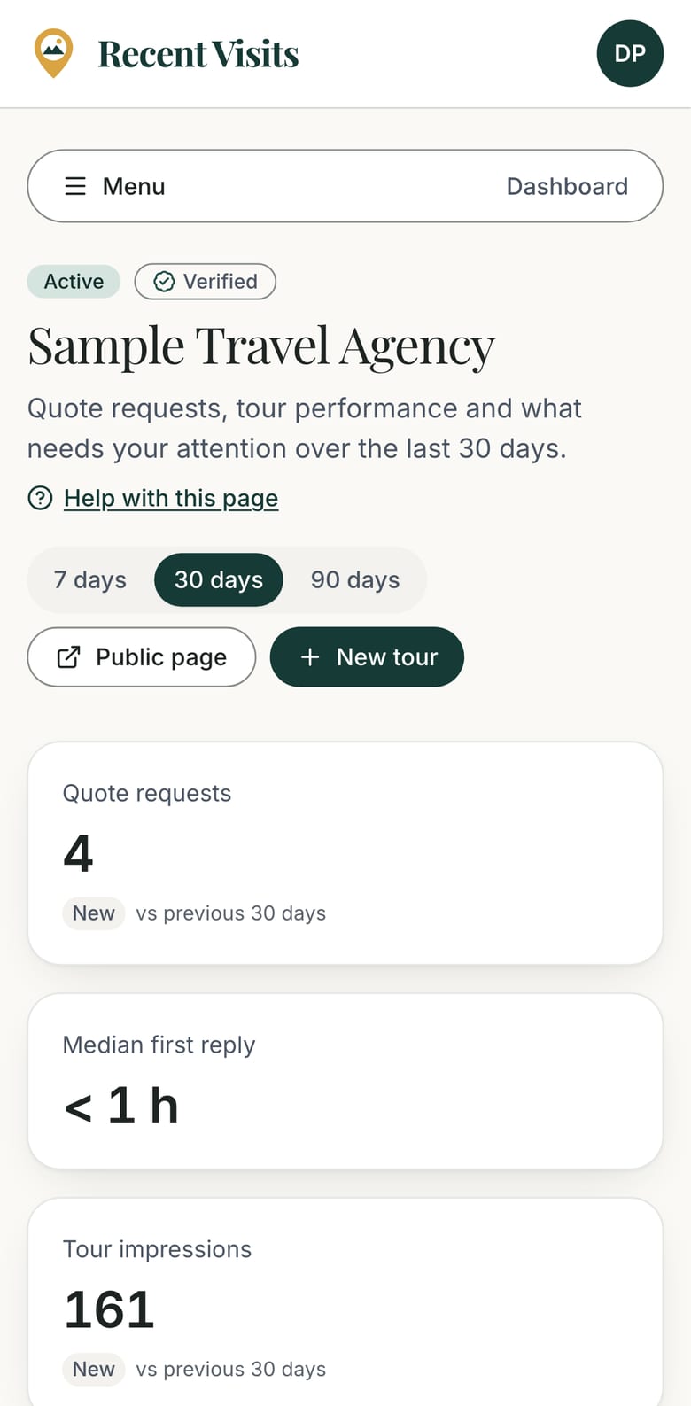 The agency portal dashboard on a phone, with the menu button at the top of the screen.