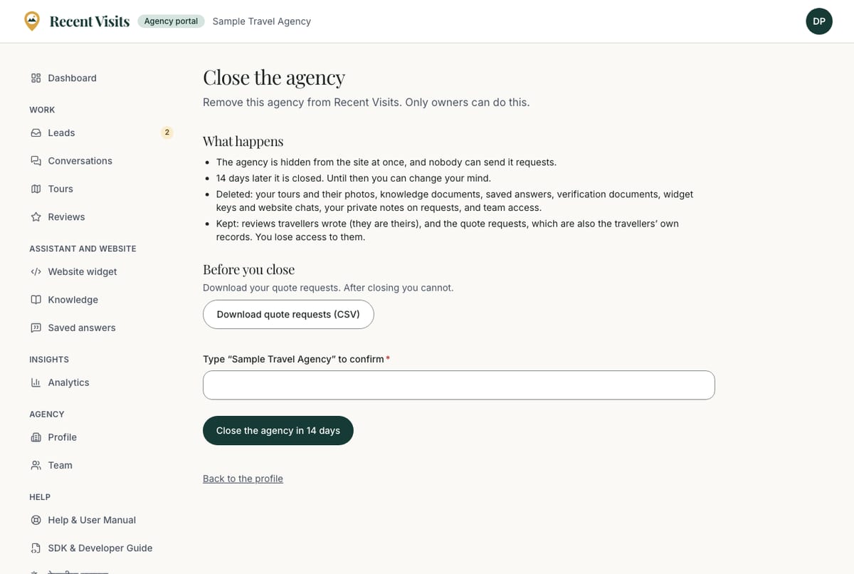 The Close the agency page explaining what happens, a download button for quote requests and the confirmation field.