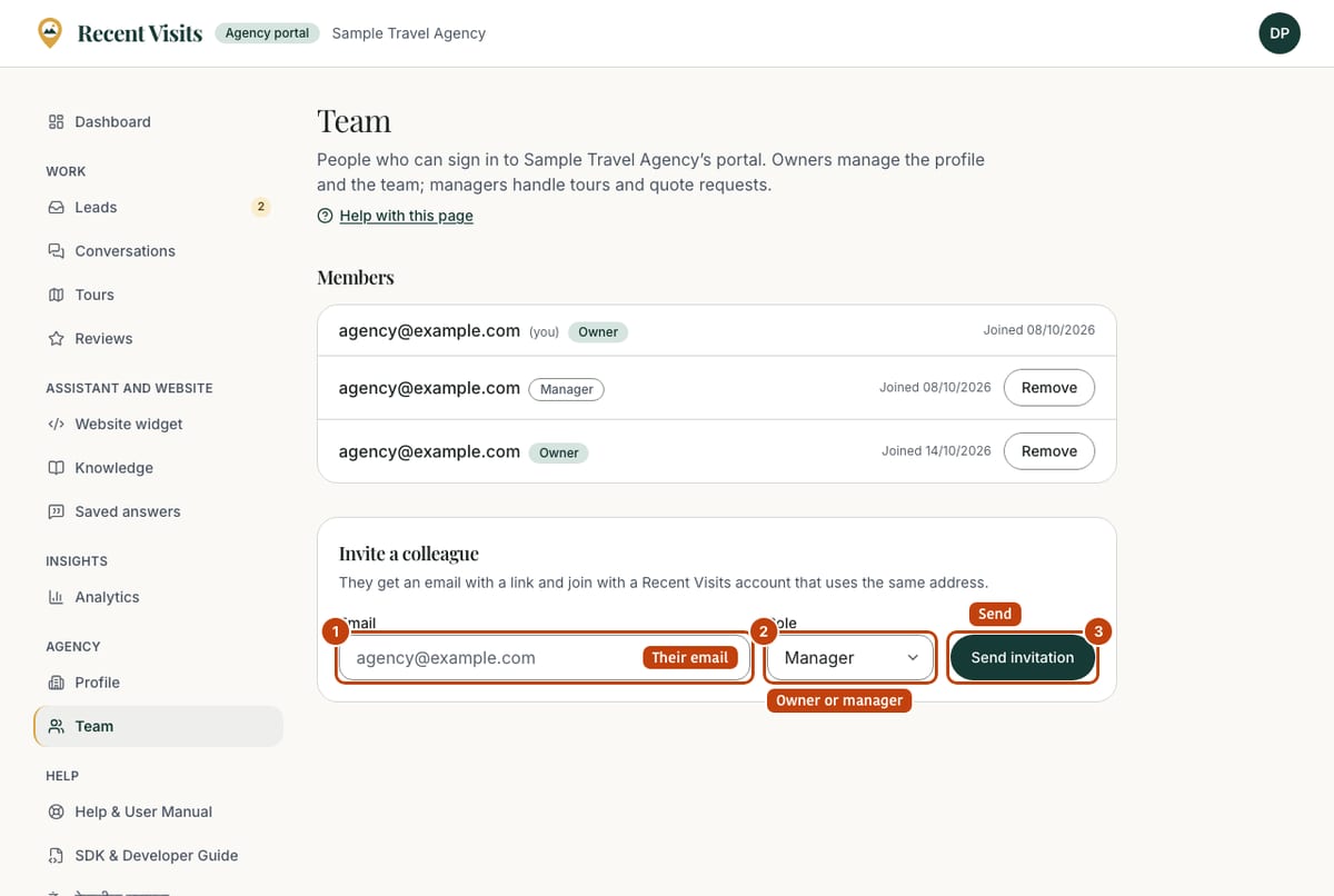 The Team page with the list of members and the Invite a colleague form: email, role and the Send invitation button. Email addresses are blurred.