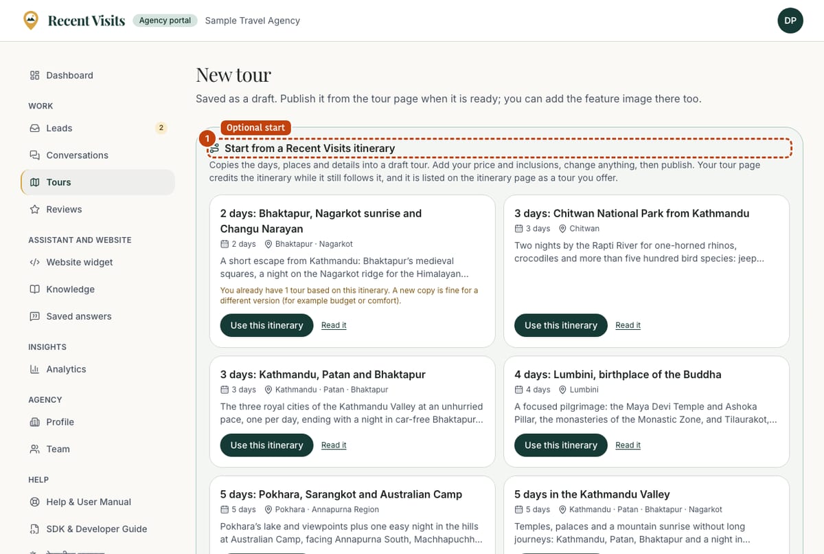 The new tour form in the agency portal: an optional start from a Recent Visits itinerary, then the title and summary and the sections that follow.