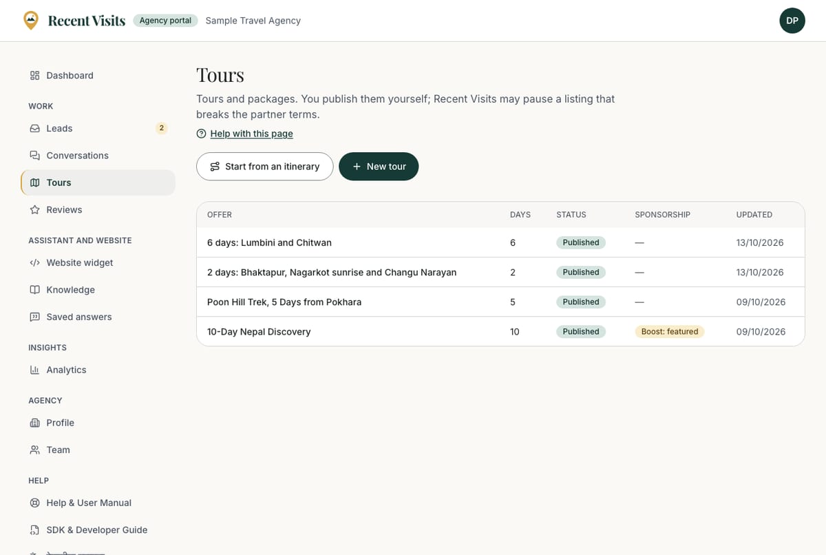 The Tours page in the agency portal, listing the agency tours with their status.