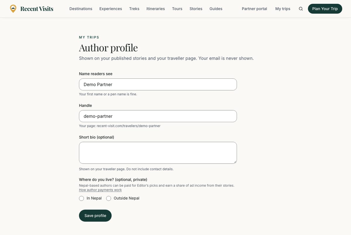 The author profile form with Display name, Handle, About you and where you are based.