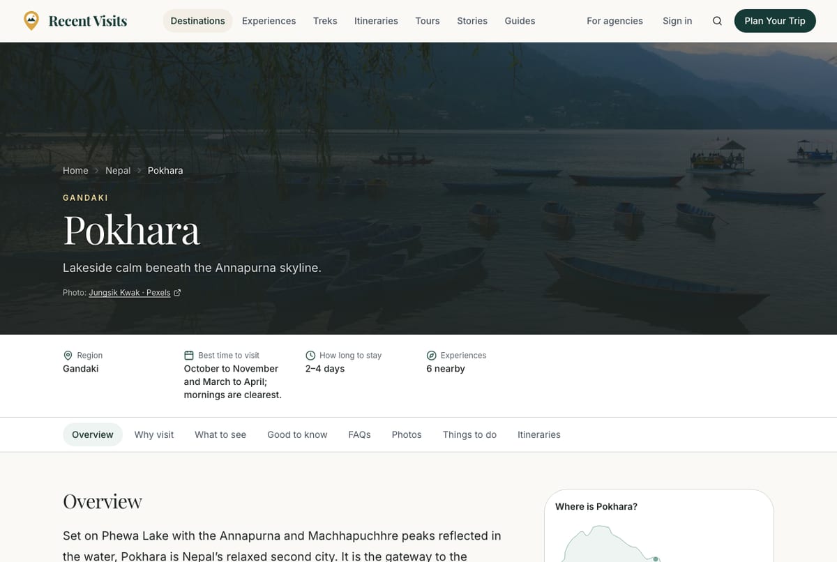 The Pokhara destination page with a large photo, the place name and the section menu below it.