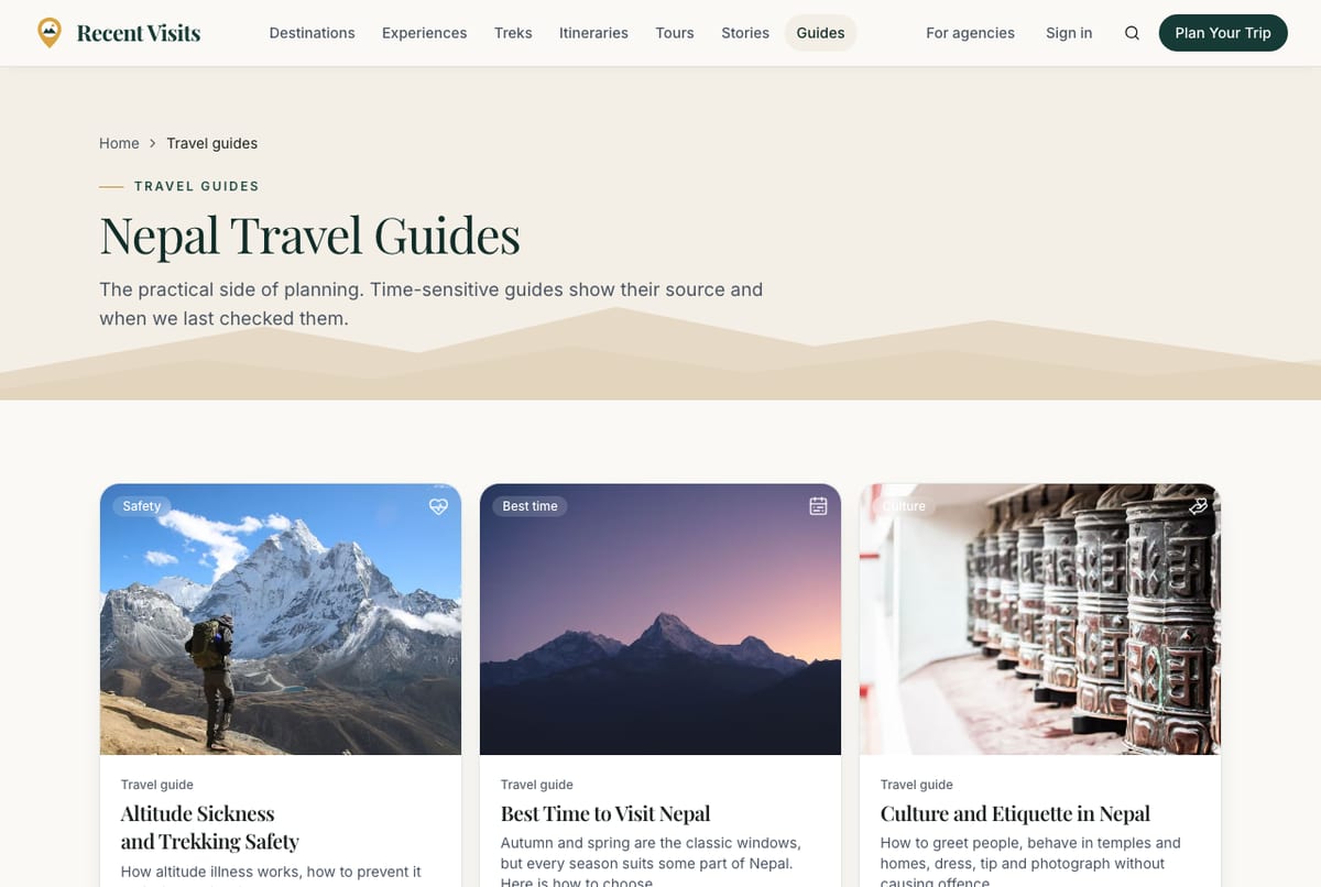 The travel guides page listing practical guides such as visas, costs and the best time to visit.