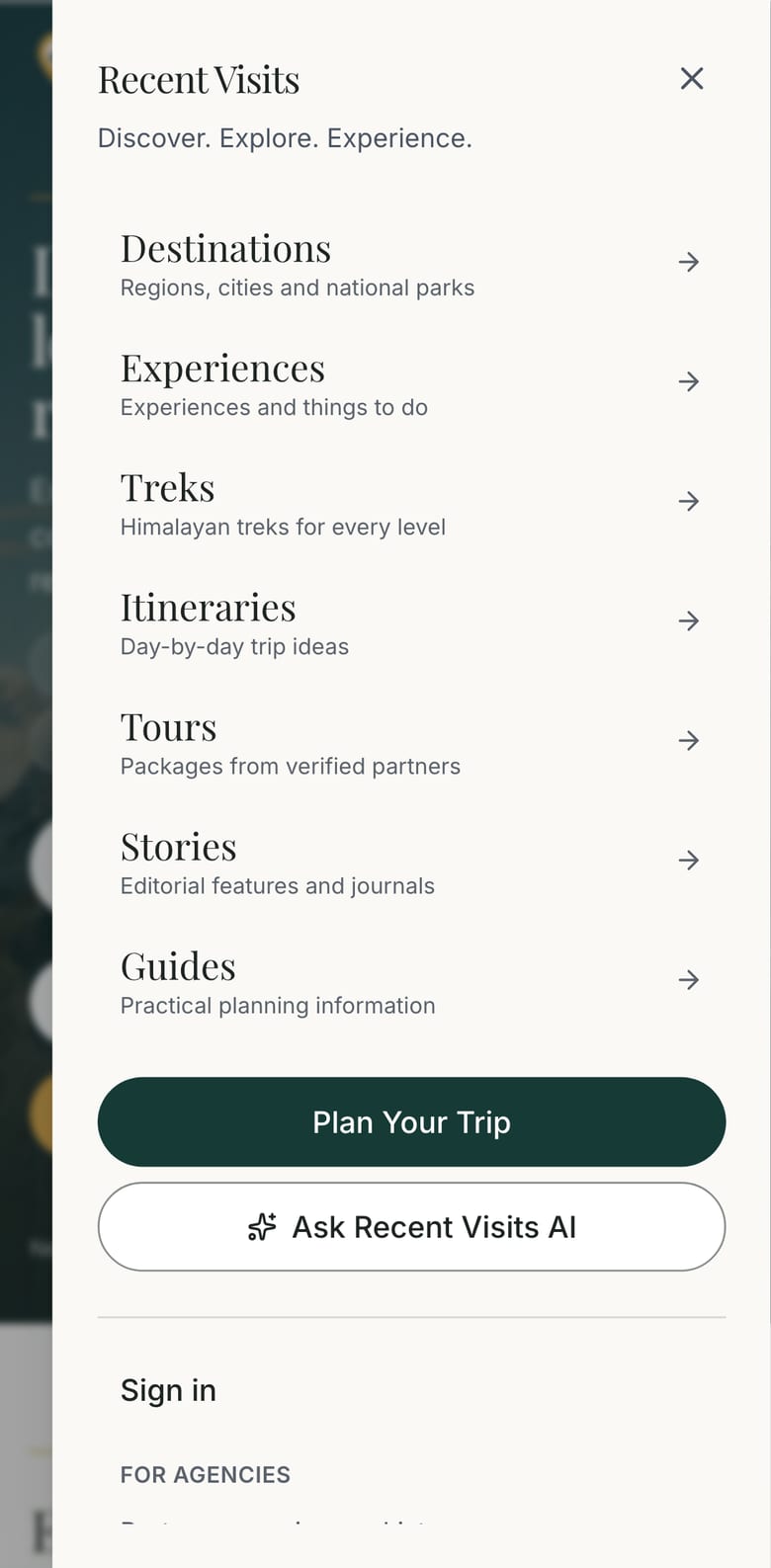 The Recent Visits menu opened on a phone, as a drawer that slides in over the page.