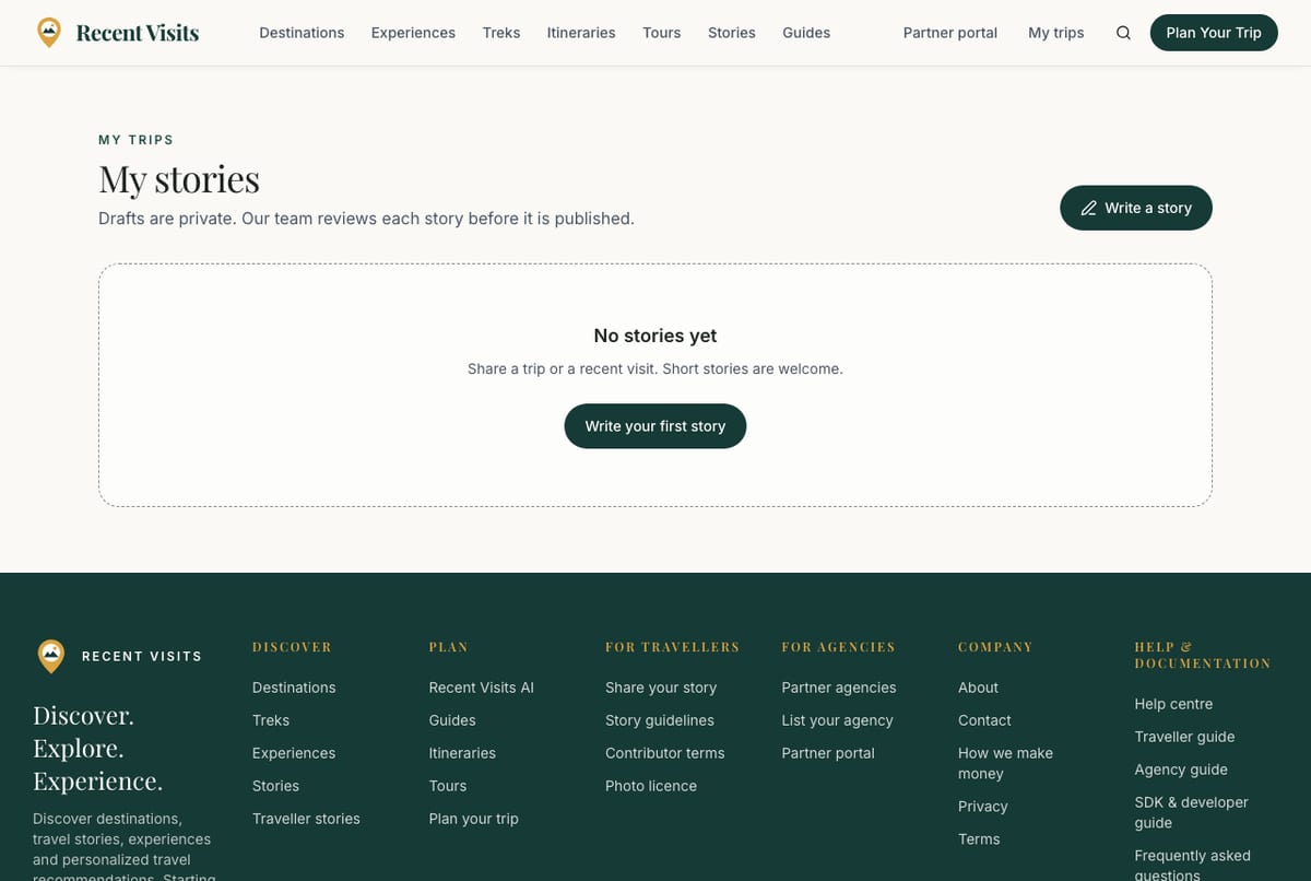 The My stories page listing your stories with their status and a button to write a new story.