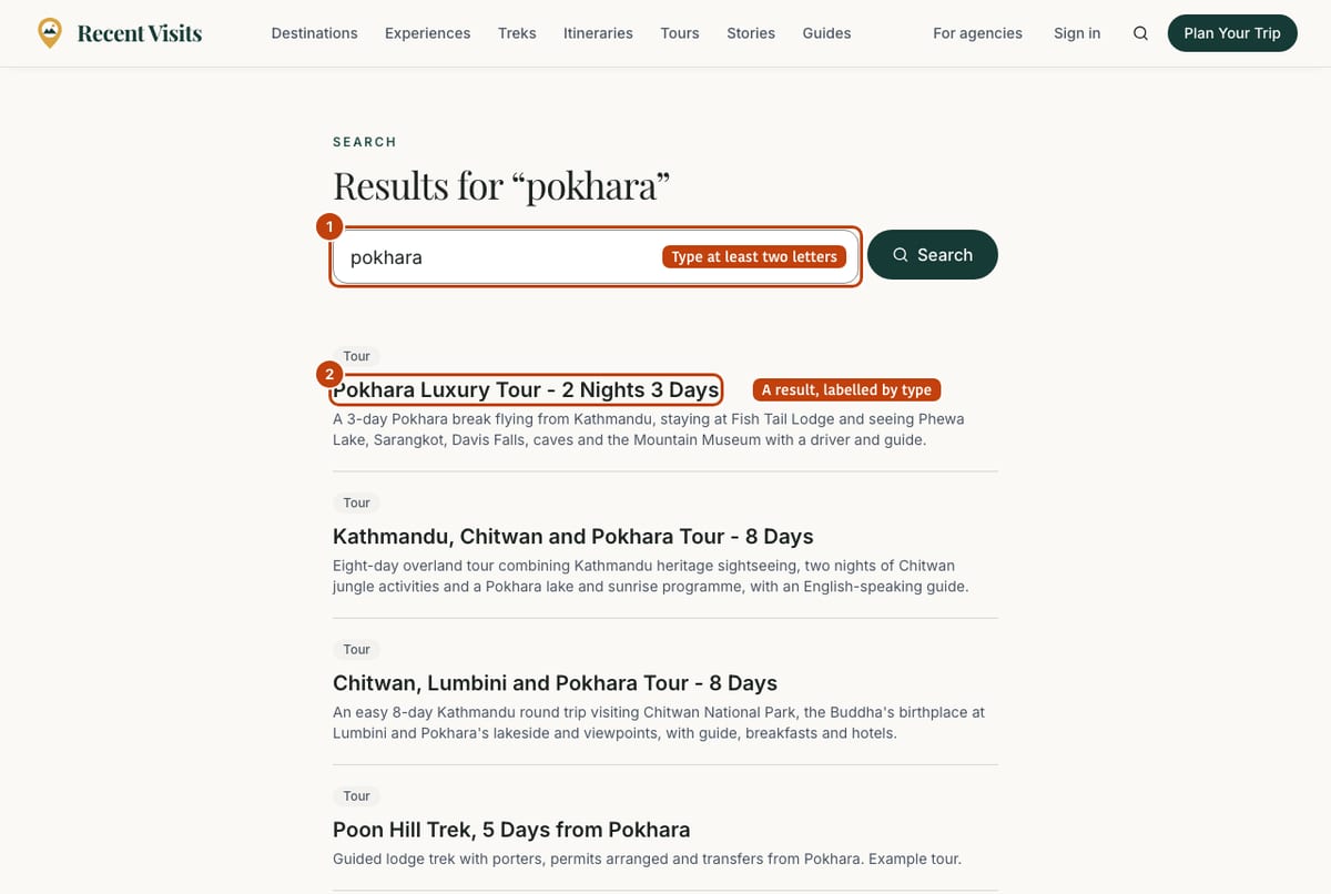 Search results for the word pokhara, with the search box and the first result numbered.