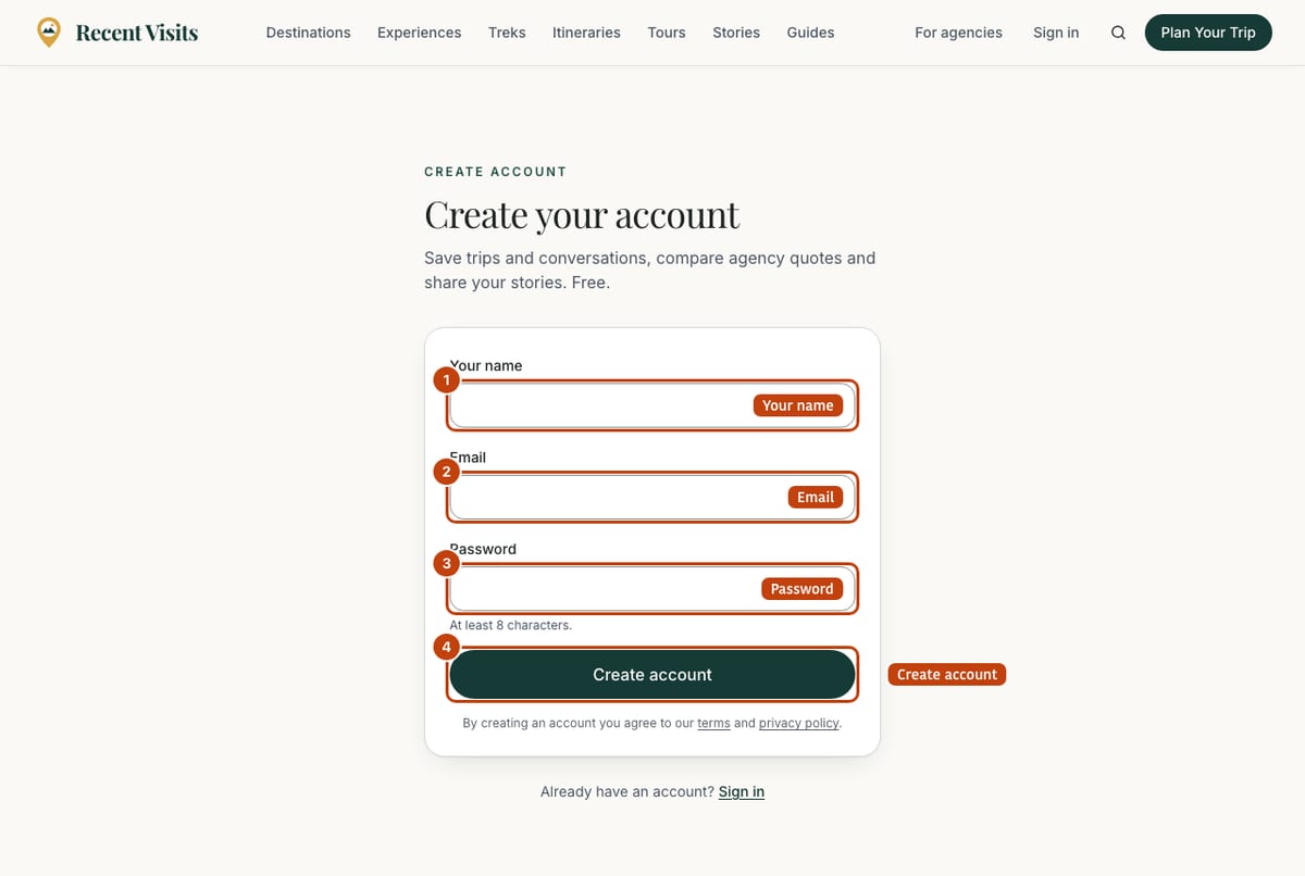 The create account page with boxes for your name, email and password and the Create account button.