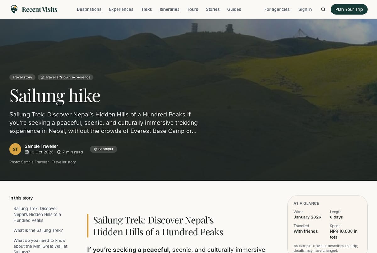A published traveller story: the cover photo with the title and author line, the sections menu on the left and the trip at a glance on the right.